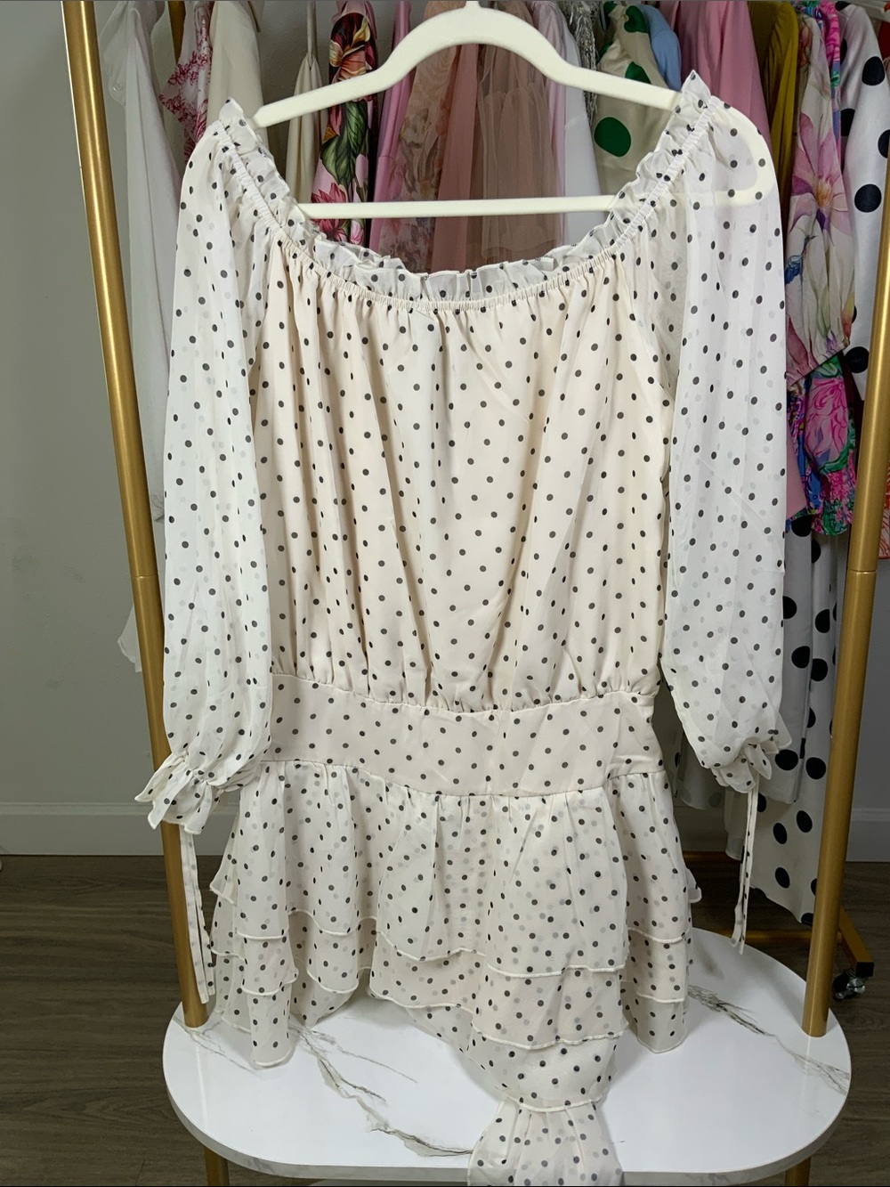 Girls' Cream Polka Dot Tiered Dress with Belt - Picture 7 of 16